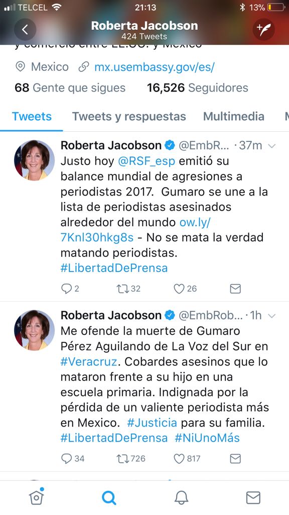 Tuit de la la embajadora de EU, Roberta Jacobson, referente al asesinato de un periodista