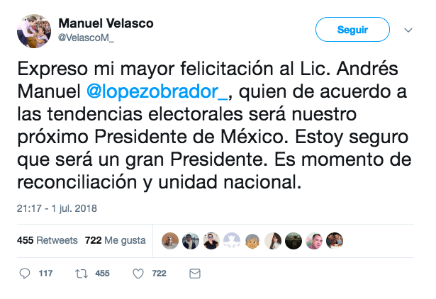 Manuel Velasco felicita a AMLO