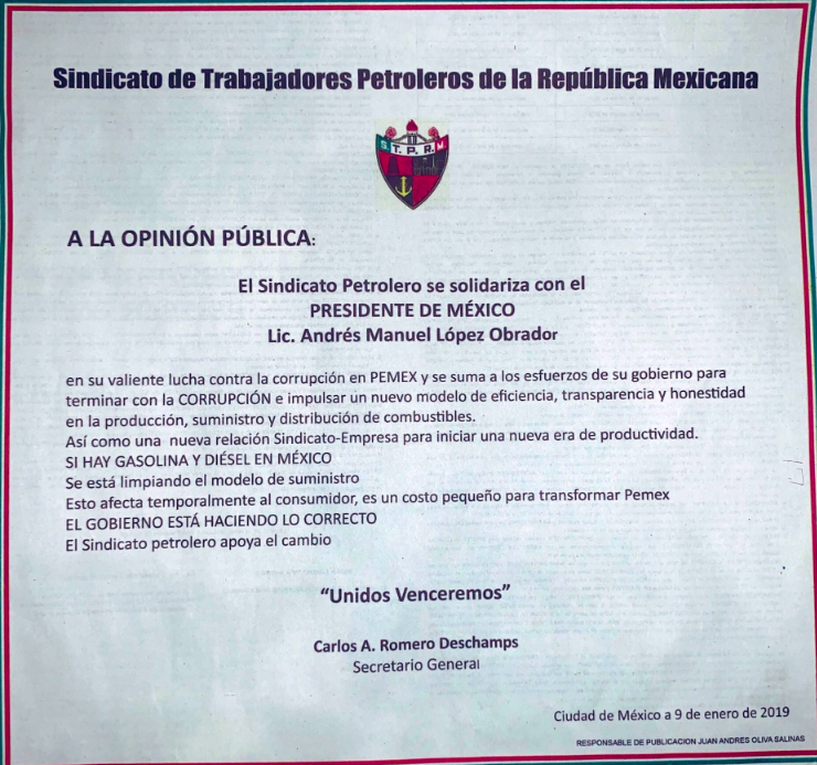 Romero Deschamps apoya “valiente lucha” de AMLO contra huachicoleo