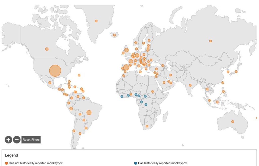 Mapa con los países que han reportado casos de viruela del mono. Foto: CDC de Estados Unidos